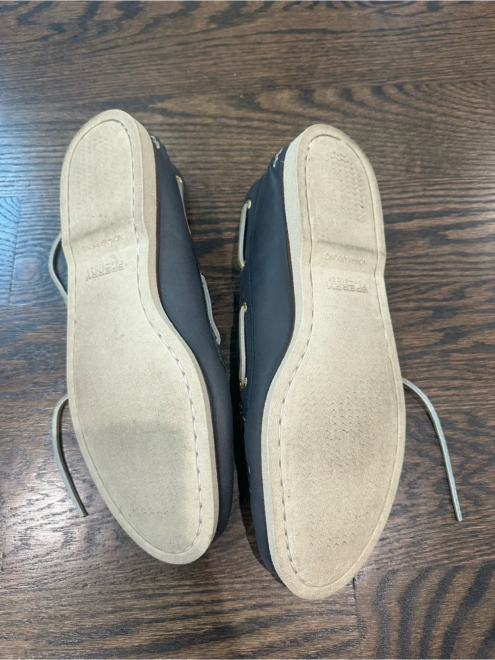 Sperry Black Leather Boat Shoes with Cream Laces